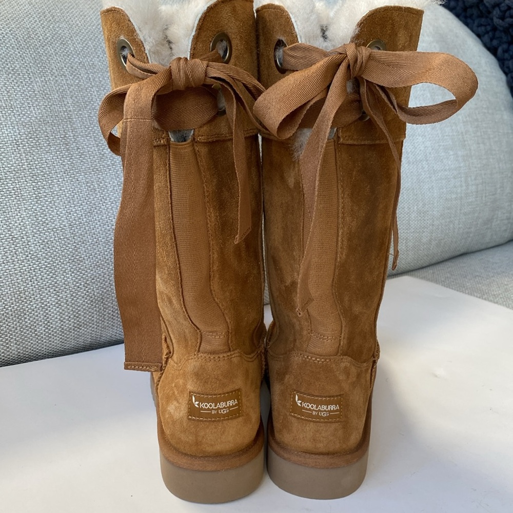 Kookaburra by UGG “Andrah”Tall Chestnut Suede Bow Tie Boot - Picture 9 of 12